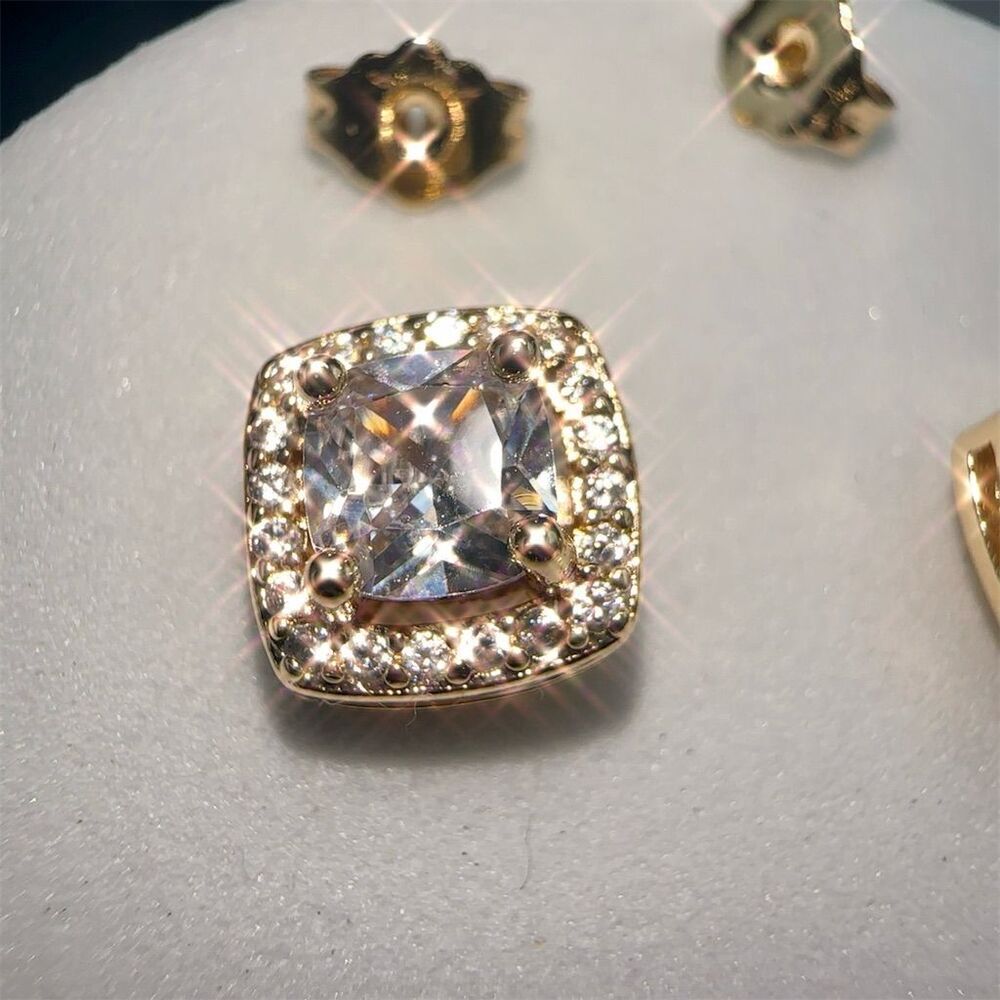 Fashion Jewelry Gold Plated Cushion Cut CZ Stud Earrings Screw Back - Picture 10 of 11